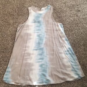 Tan and blue tie die print knee length dress
